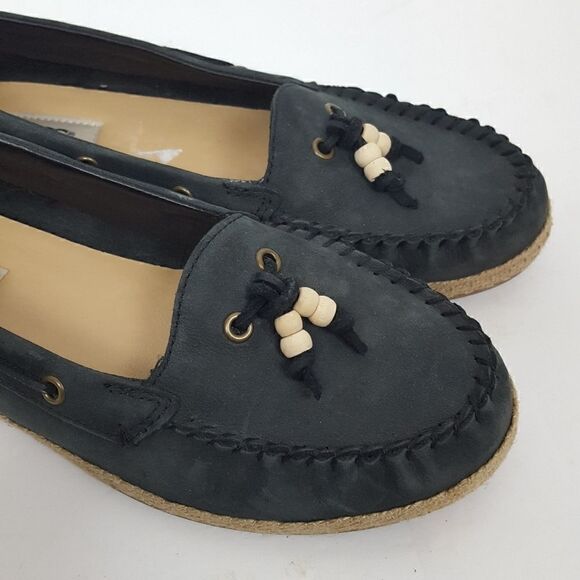 Ugg Logo Black Leather Casual Espadrille Deck Boat - Picture 6 of 7